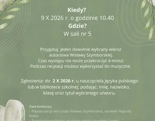 Szkolny konkurs recytatorski „Chwila z Szymborską” dla klas VI–VIII