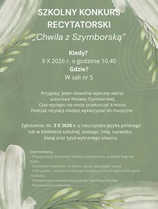 Szkolny konkurs recytatorski „Chwila z Szymborską” dla klas VI–VIII
