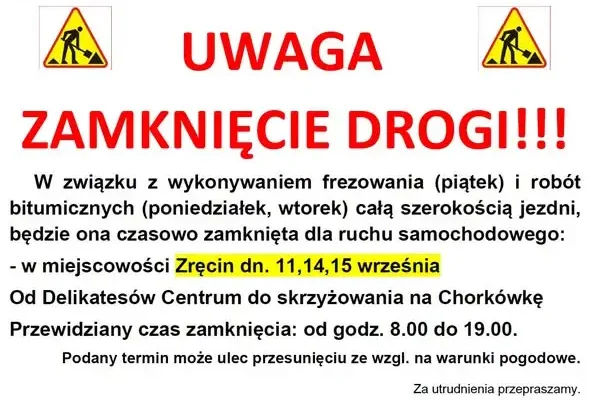 Zręcin: czasowe zamknięcie drogi powiatowej – utrudnienia dla kierowców
