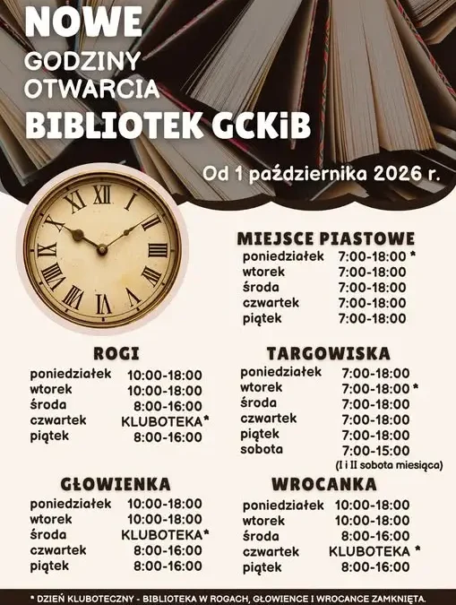 Nowe godziny otwarcia bibliotek w gminie Miejsce Piastowe od 1 października