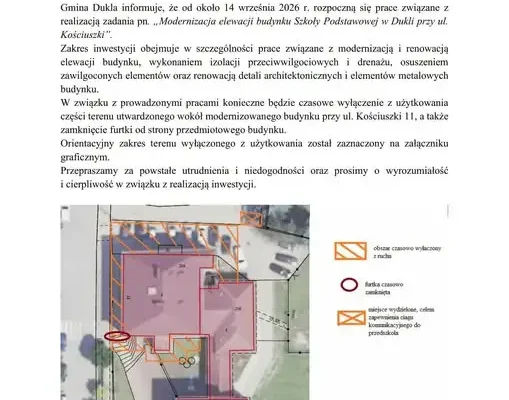 Dukla: remont elewacji szkoły podstawowej utrudni ruch przy ul. Kościuszki