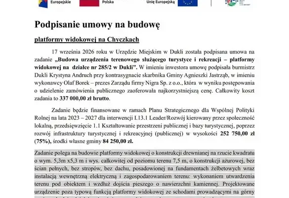 Dukla: podpisano umowę na budowę platformy widokowej na Chyczkach