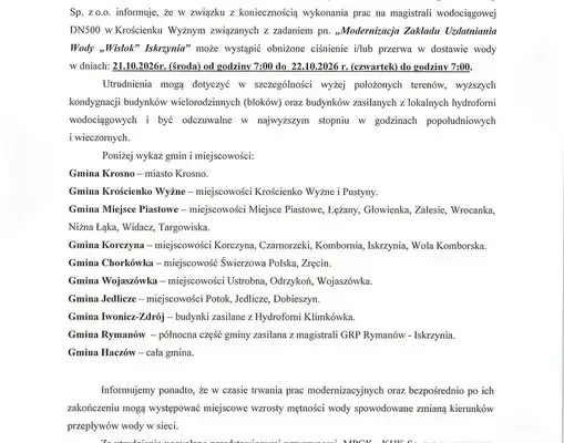 Przerwa w dostawie wody w Krościenku Wyżnym i okolicach – 21–22 października