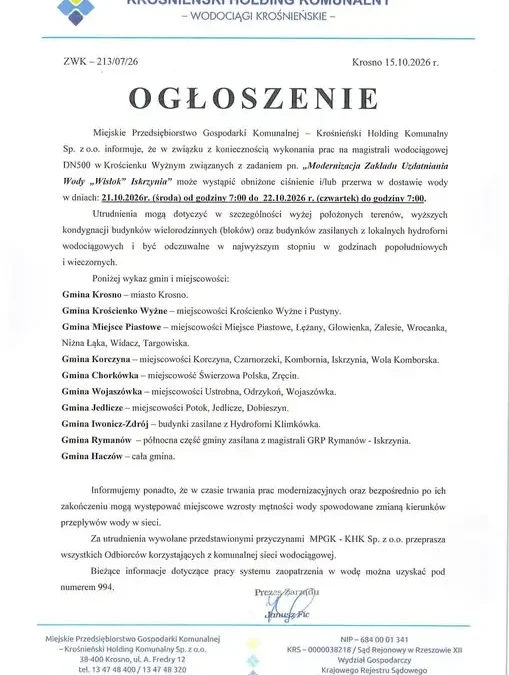 Przerwa w dostawie wody w Krościenku Wyżnym i okolicach – 21–22 października