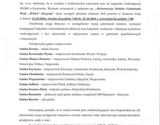 Przerwy w dostawie wody w gminie Iwonicz-Zdrój – zaplanowane prace na magistrali