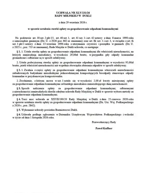 Dukla: od listopada wyższe opłaty za odpady komunalne