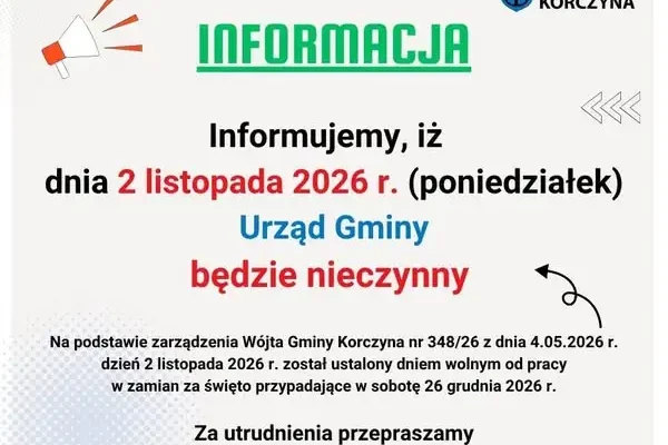 Urząd Gminy Korczyna nieczynny 2 listopada 2026 – sprawdź powód