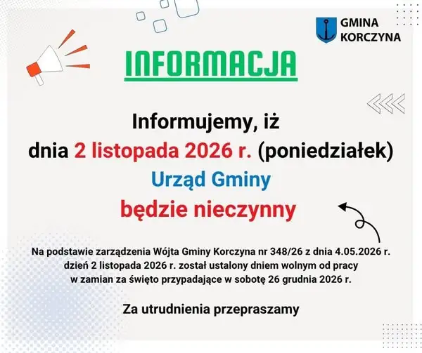 Urząd Gminy Korczyna nieczynny 2 listopada 2026 – sprawdź powód