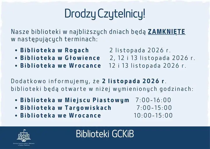 Biblioteki w gminie Miejsce Piastowe z przerwami w pracy. Sprawdź harmonogram